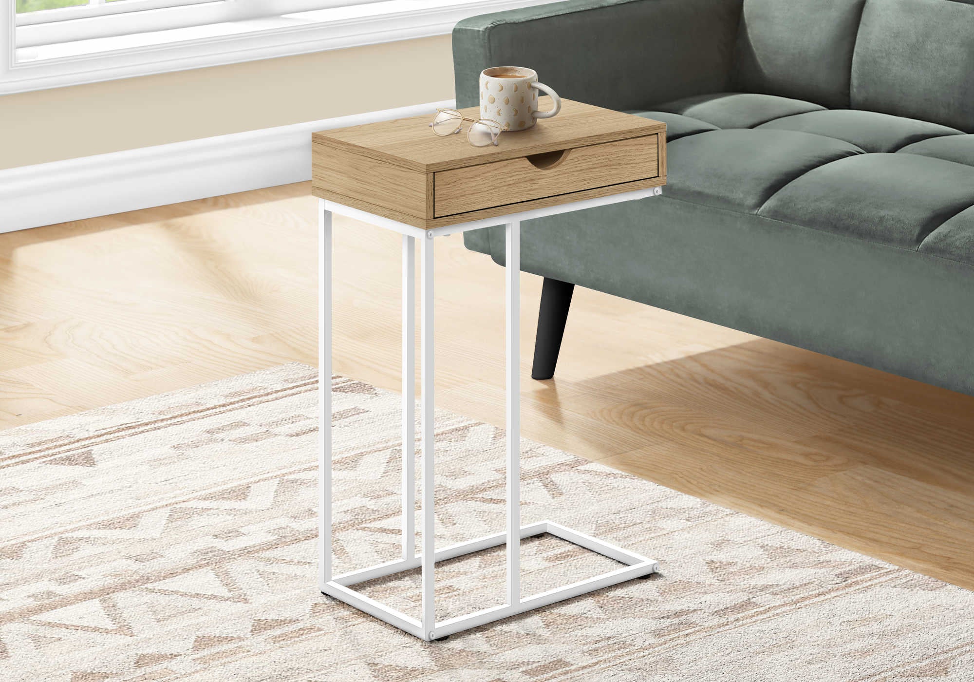 TABLE D'APPOINT - 25"H / NATUREL / METAL BLANC ( Meuble Mtl )