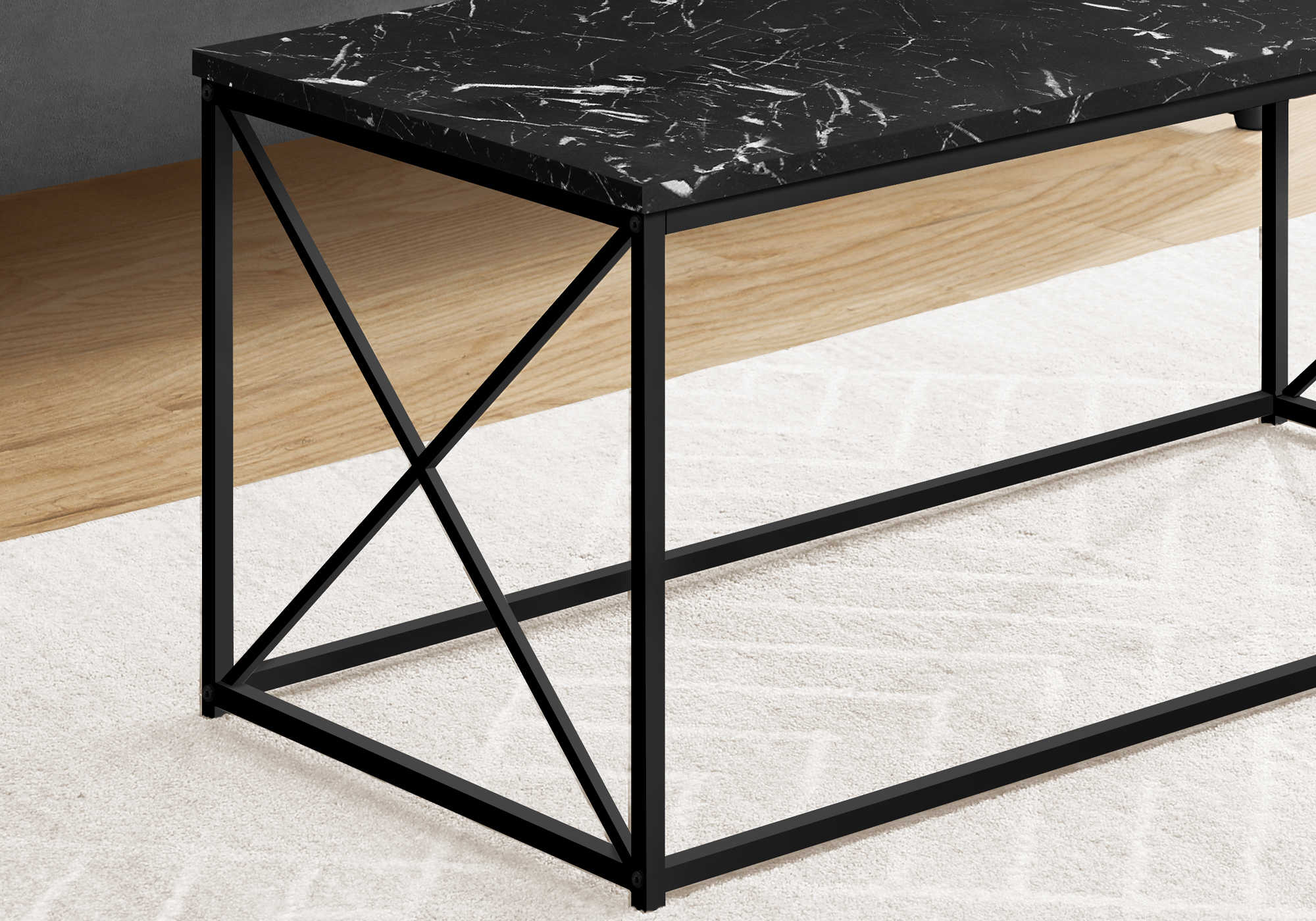 TABLE BASSE - 40"L / MARBRE NOIR / METAL NOIR ( Meuble Mtl )