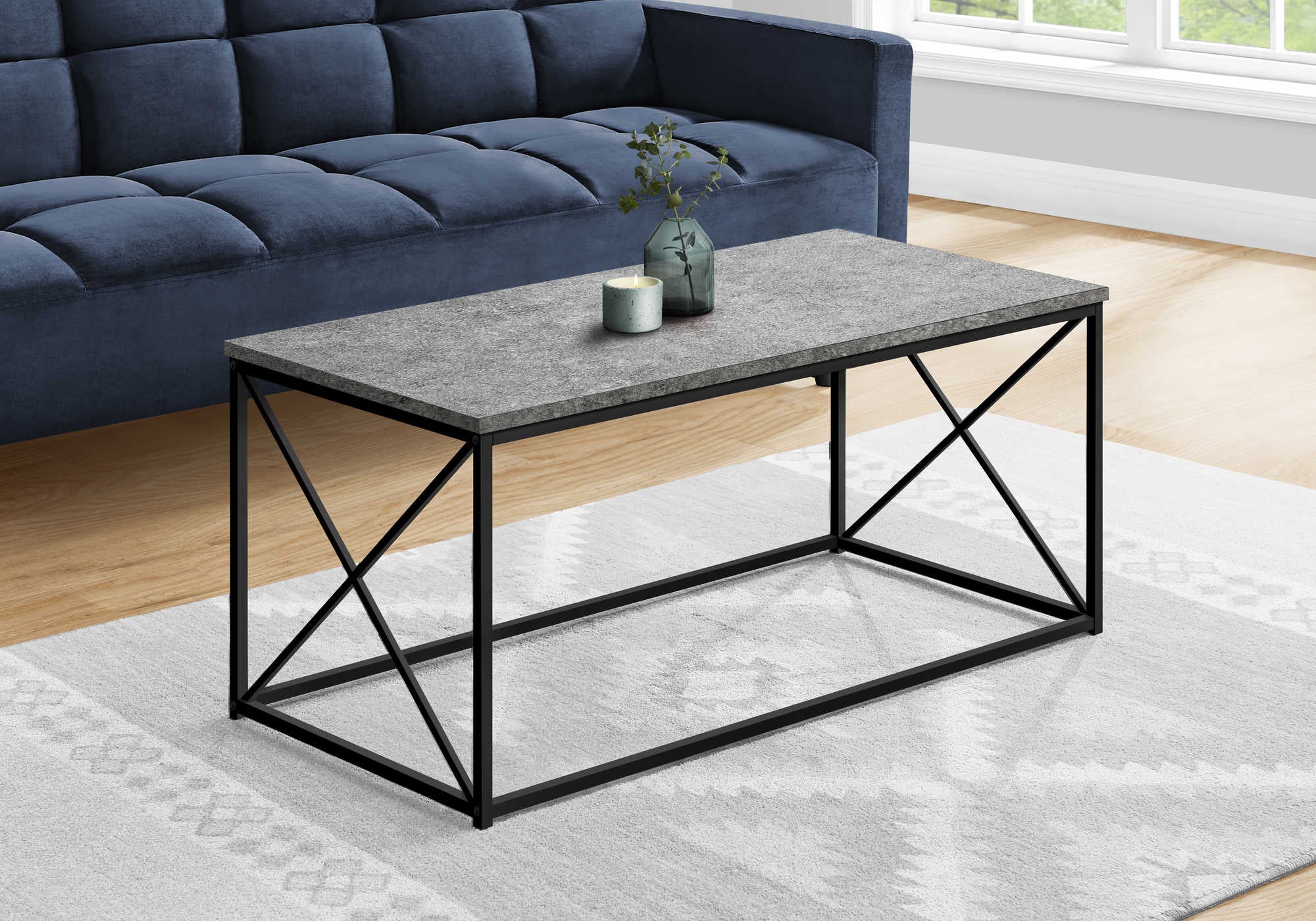 TABLE BASSE - 40"L / SIMILI PIERRE GRIS / METAL NOIR ( Meuble Mtl )