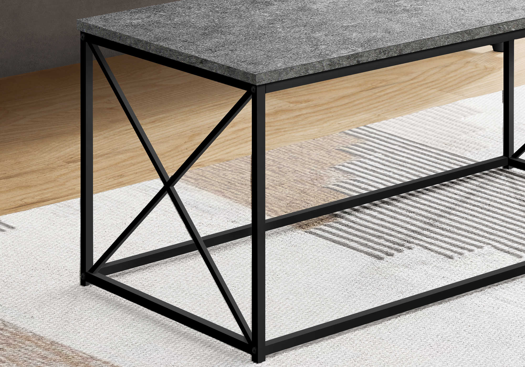 TABLE BASSE - 40"L / SIMILI PIERRE GRIS / METAL NOIR ( Meuble Mtl )