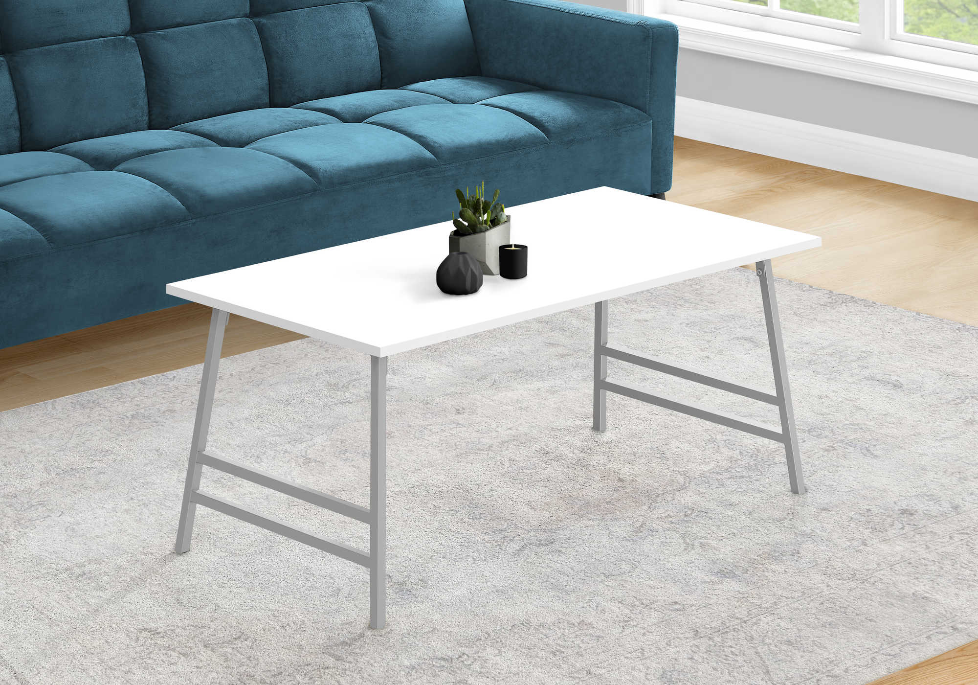 TABLE BASSE - 40"L / BLANC / METAL ARGENT ( Meuble Mtl )