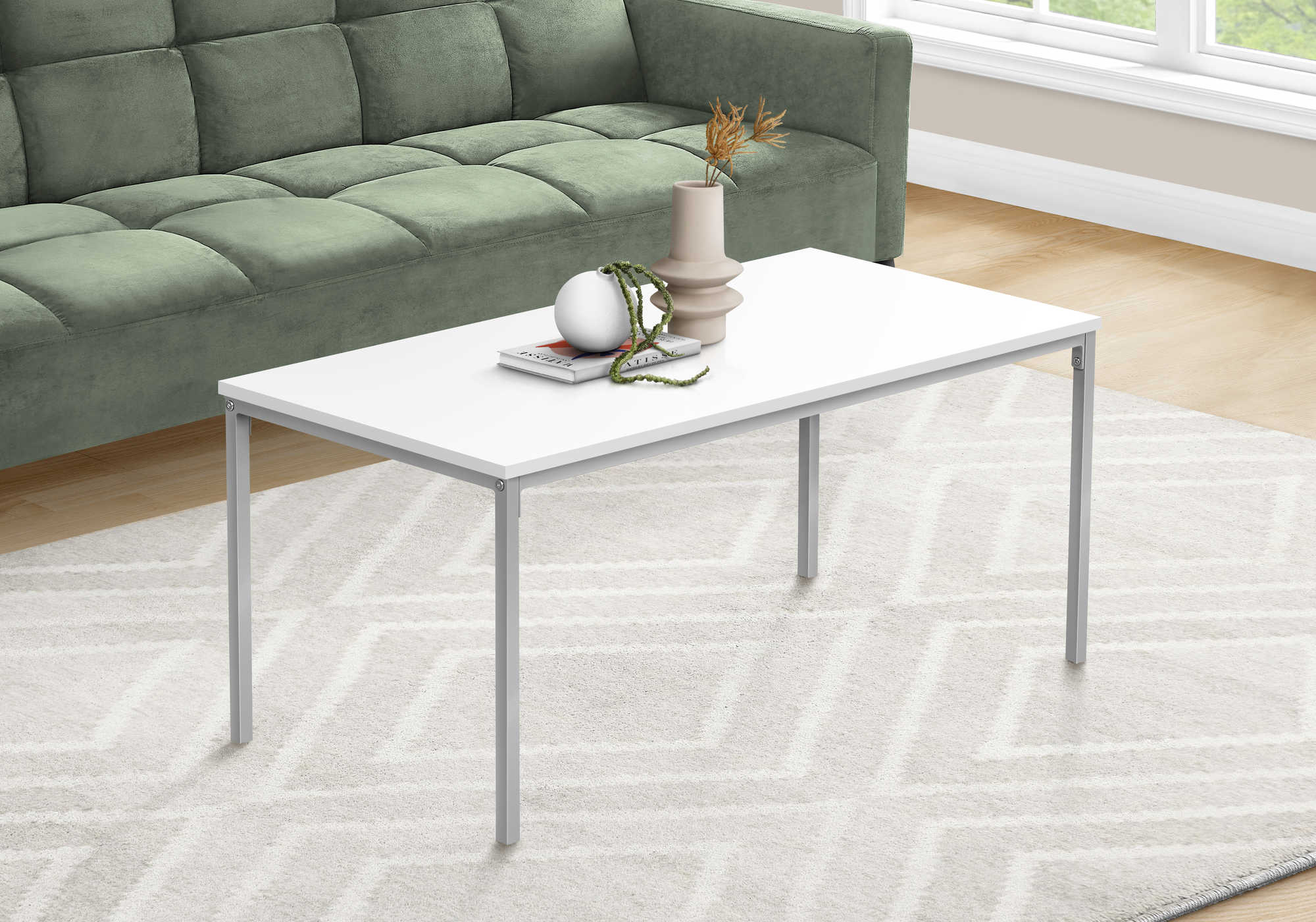 TABLE BASSE - 40"L / BLANC / METAL ARGENT ( Meuble Mtl )