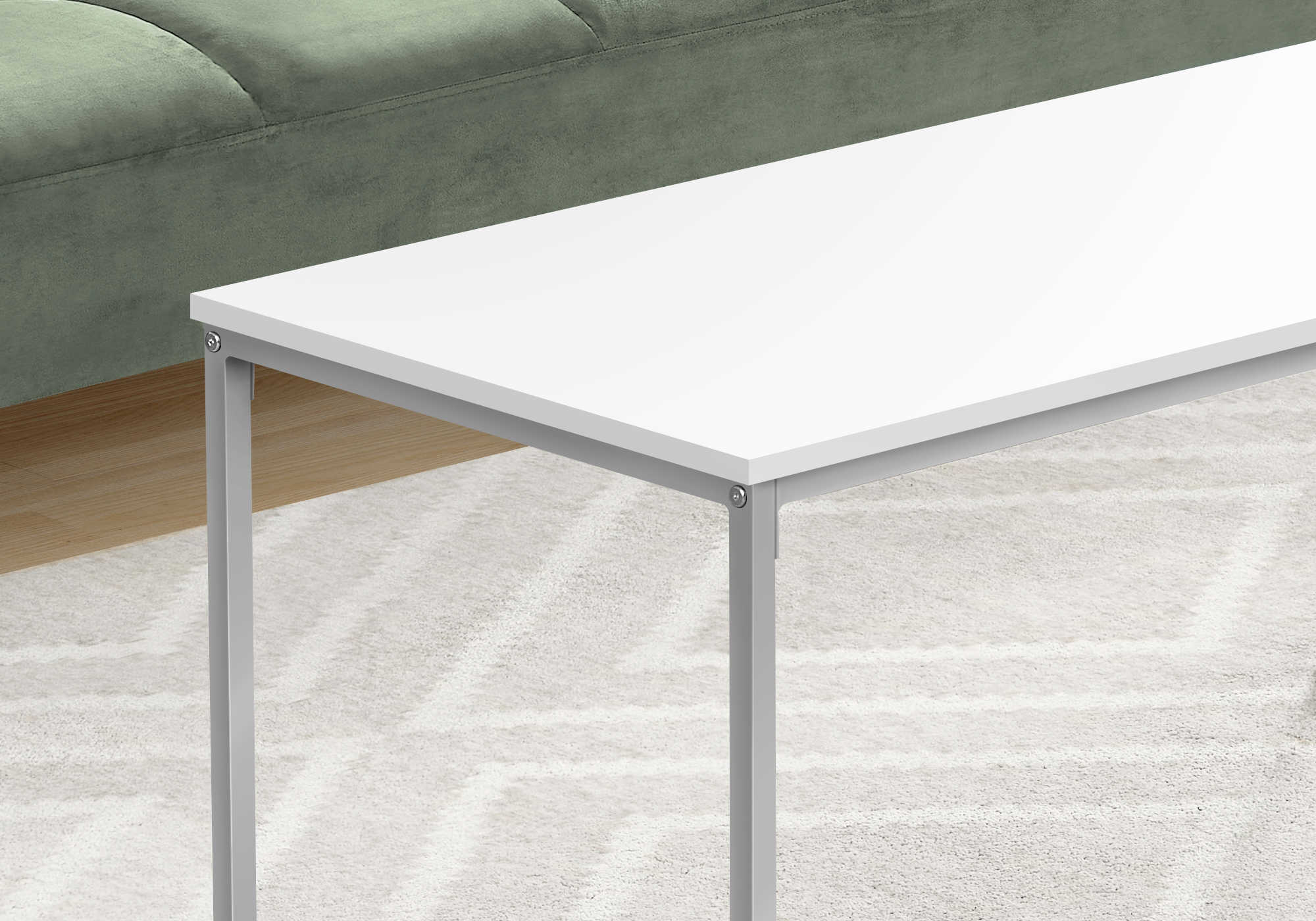 TABLE BASSE - 40"L / BLANC / METAL ARGENT ( Meuble Mtl )