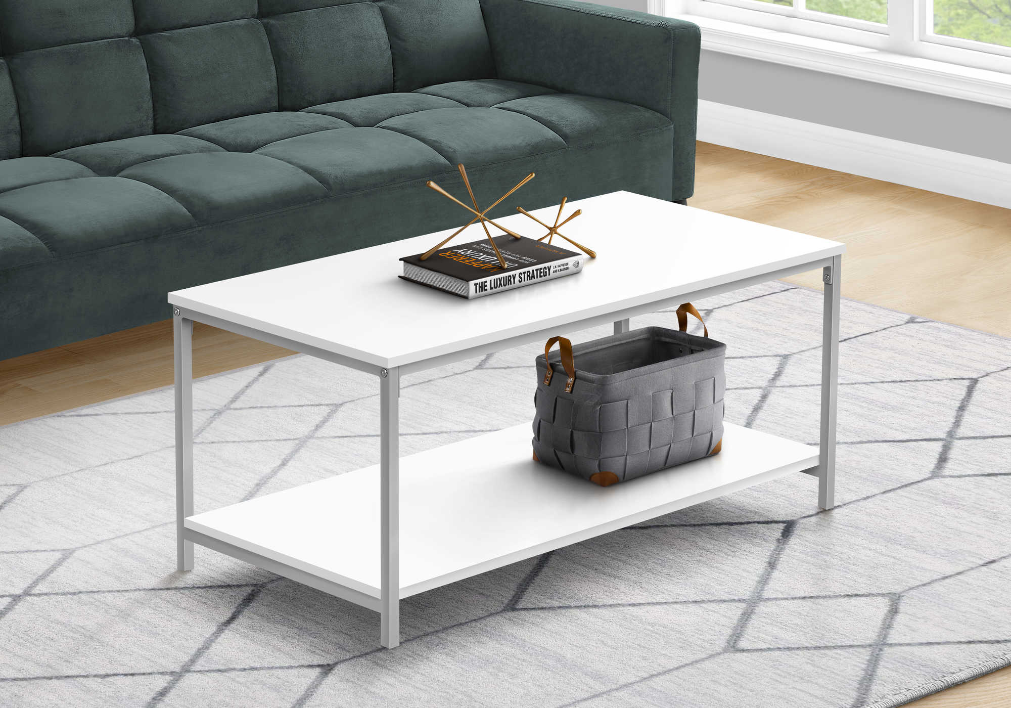 TABLE BASSE - 40"L / BLANC / METAL ARGENT ( Meuble Mtl )