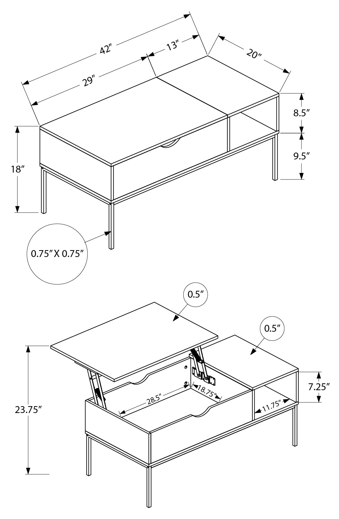 TABLE BASSE - 42"L / PLATEAU ÉLEVABLE TAUPE FONCÉ / MÉTAL NOIR