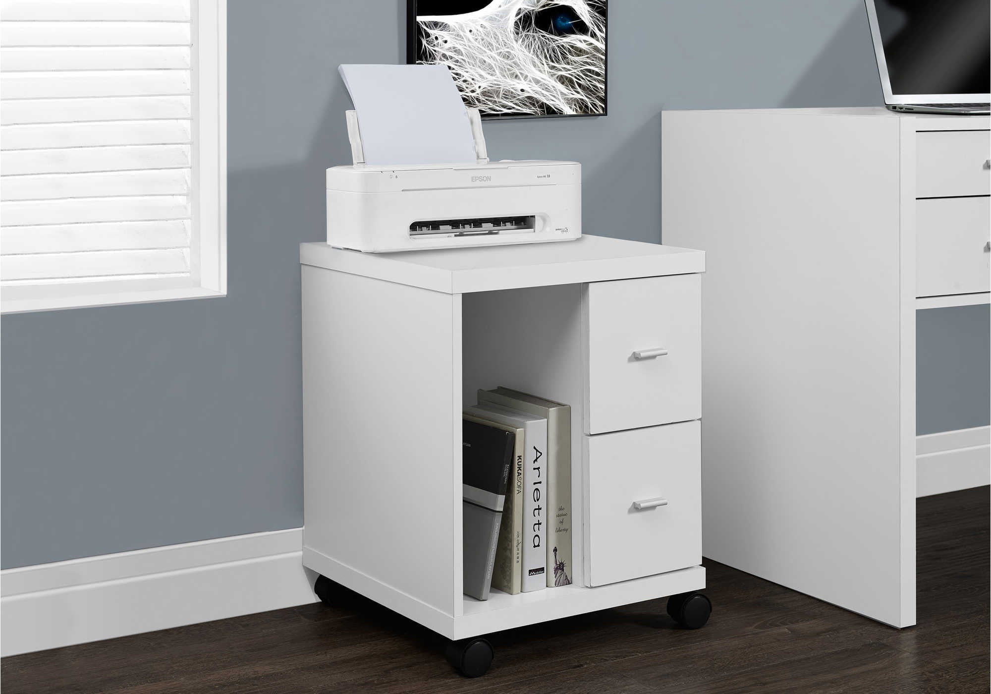 MEUBLE DE BUREAU - BLANC AVEC 2 TIROIRS SUR ROULETTES ( Meuble Mtl )