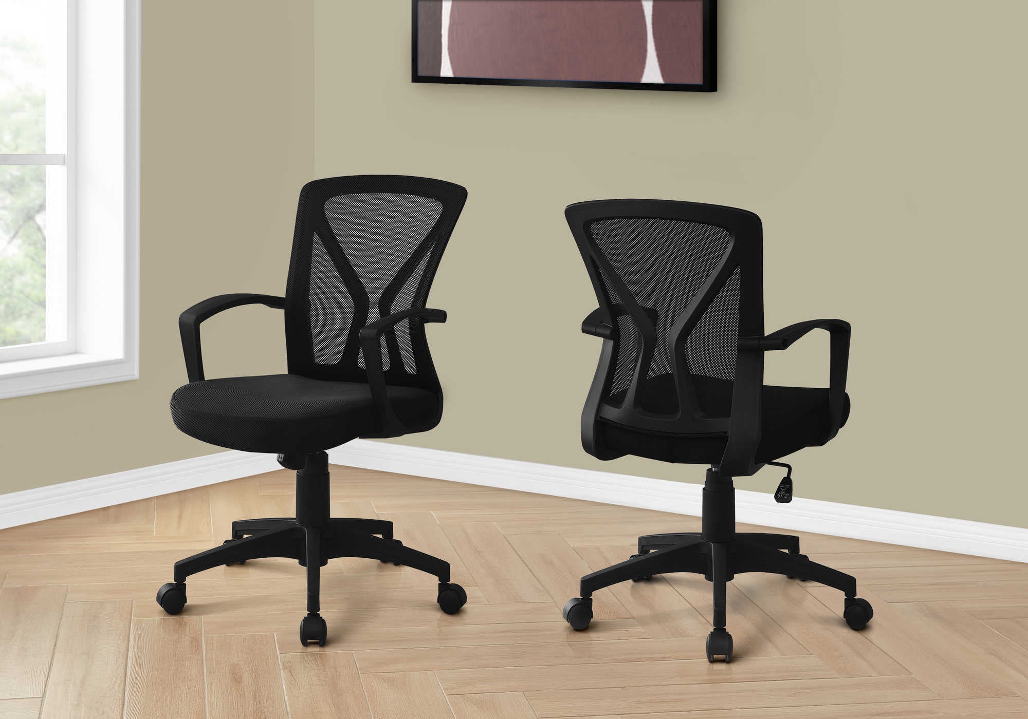 CHAISE DE BUREAU - NOIR / PIETEMENT NOIR SUR ROULETTES ( Meuble Mtl )