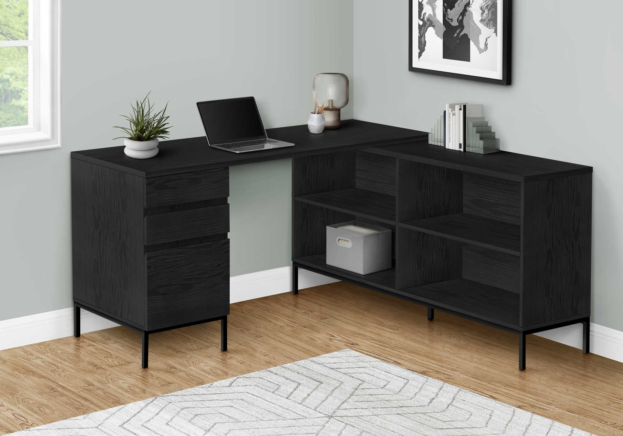 BUREAU D'ORDINATEUR - 60"L / COIN EN L CHÊNE NOIR ( Meuble Mtl )