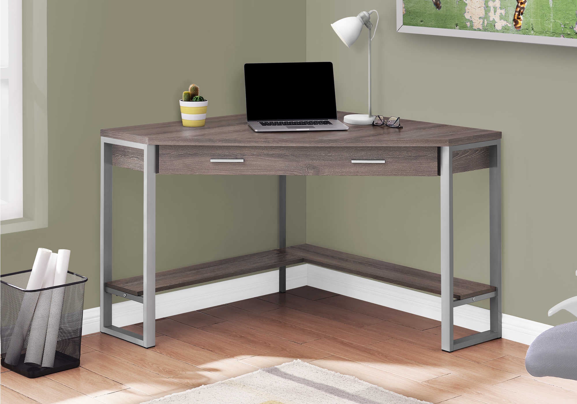 BUREAU D'ORDINATEUR - 42"L / COIN TAUPE FONCÉ / METAL ARGENT ( Meuble Mtl )