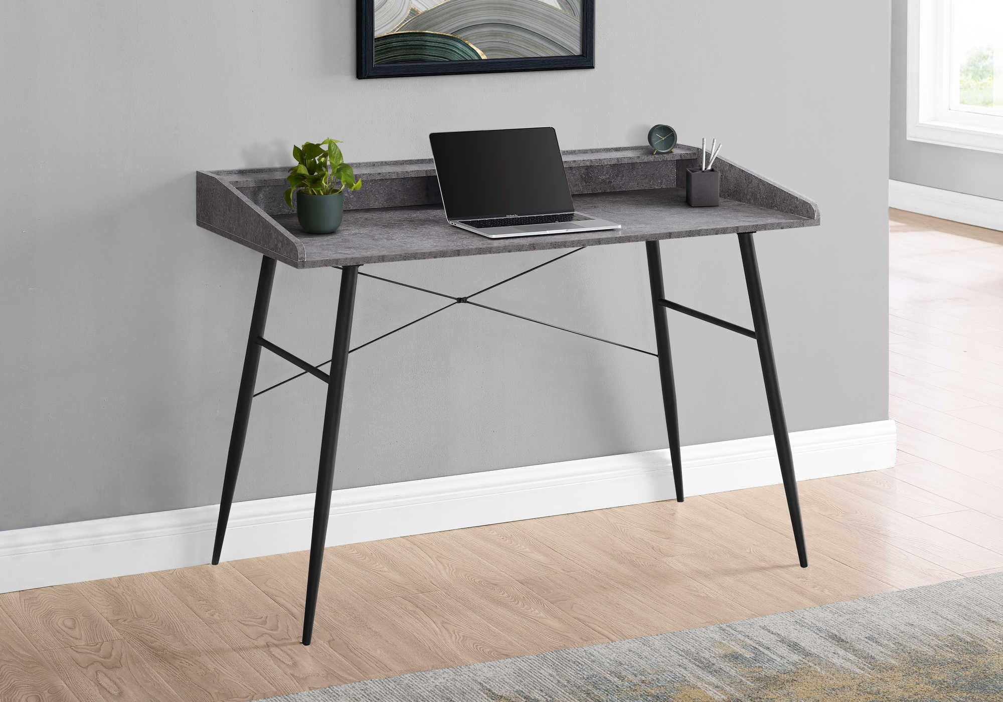 BUREAU D'ORDINATEUR - 48"L / SIMILI PIERRE GRIS / METAL NOIR ( Meuble Mtl )