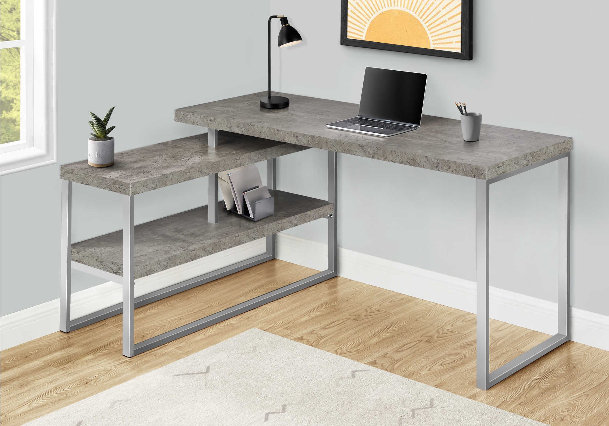 BUREAU D'ORDINATEUR - 60"L / BÉTON / COIN G/D METAL ARGENT ( Meuble Mtl )