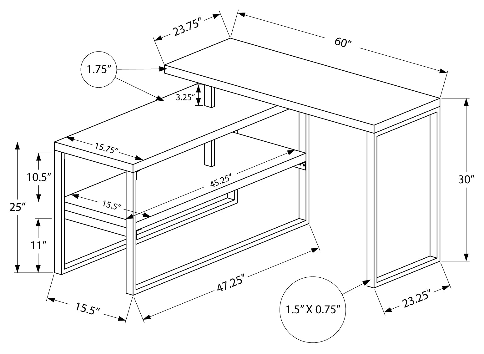 BUREAU D'ORDINATEUR - 60"L / BÉTON / COIN G/D METAL ARGENT ( Meuble Mtl )