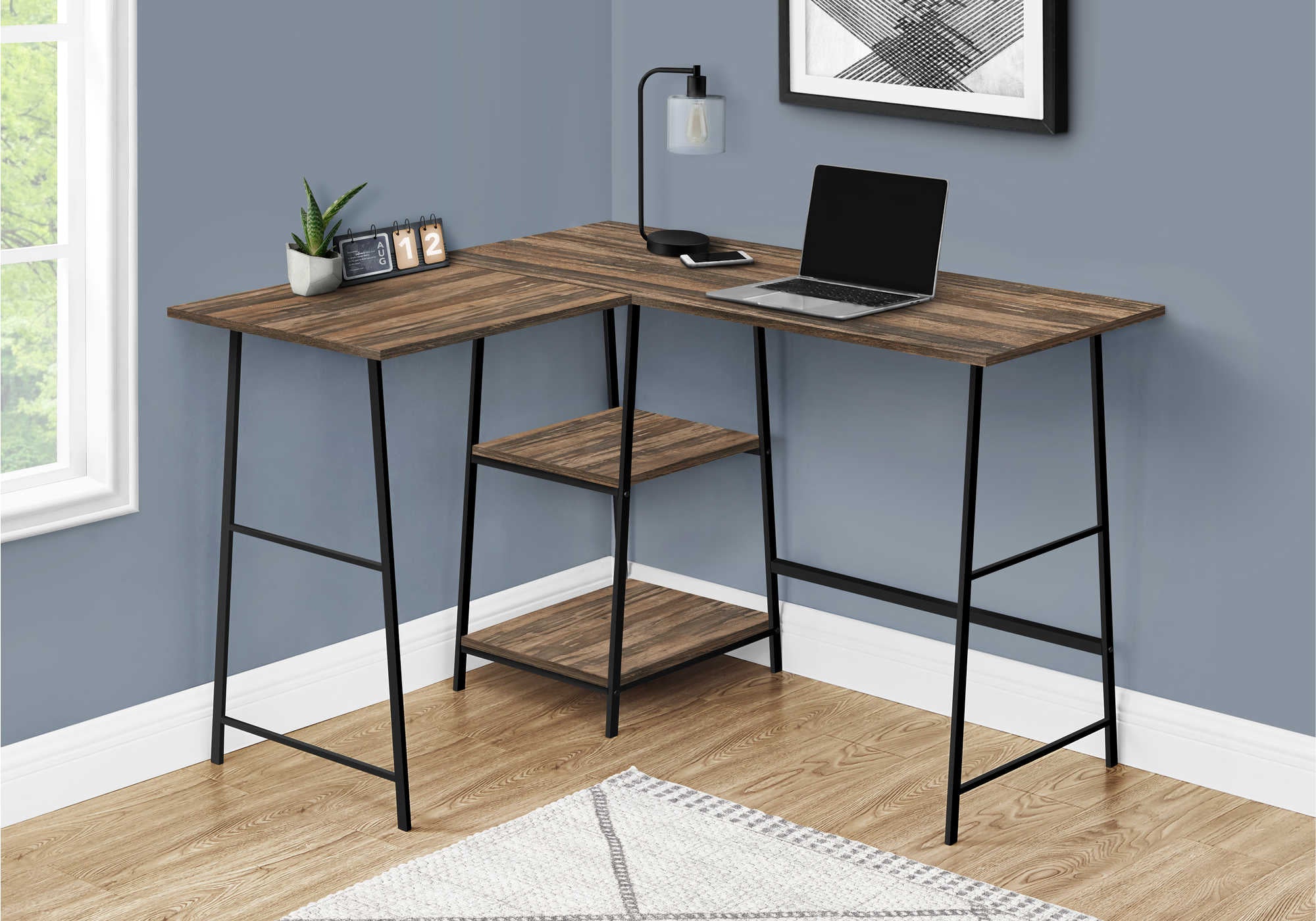 BUREAU D'ORDINATEUR - 48"L/ RÉCUPÉRATION BRUN/ COIN MÉTAL NOIR ( Meuble Mtl )