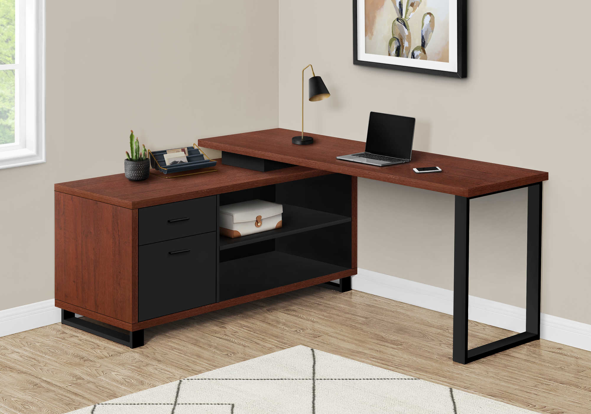 BUREAU D'ORDINATEUR - 72"L CERISE / NOIR COIN EXÉCUTIF ( Meuble Mtl )