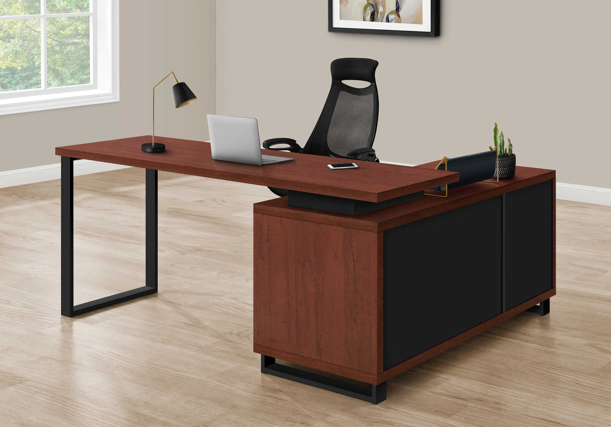 BUREAU D'ORDINATEUR - 72"L CERISE / NOIR COIN EXÉCUTIF ( Meuble Mtl )