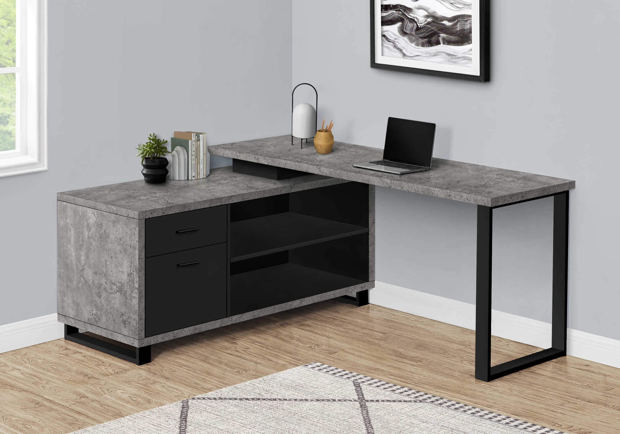 BUREAU D'ORDINATEUR - 72"L BÉTON GRIS/COIN EXÉCUTIF NOIR ( Meuble Mtl )