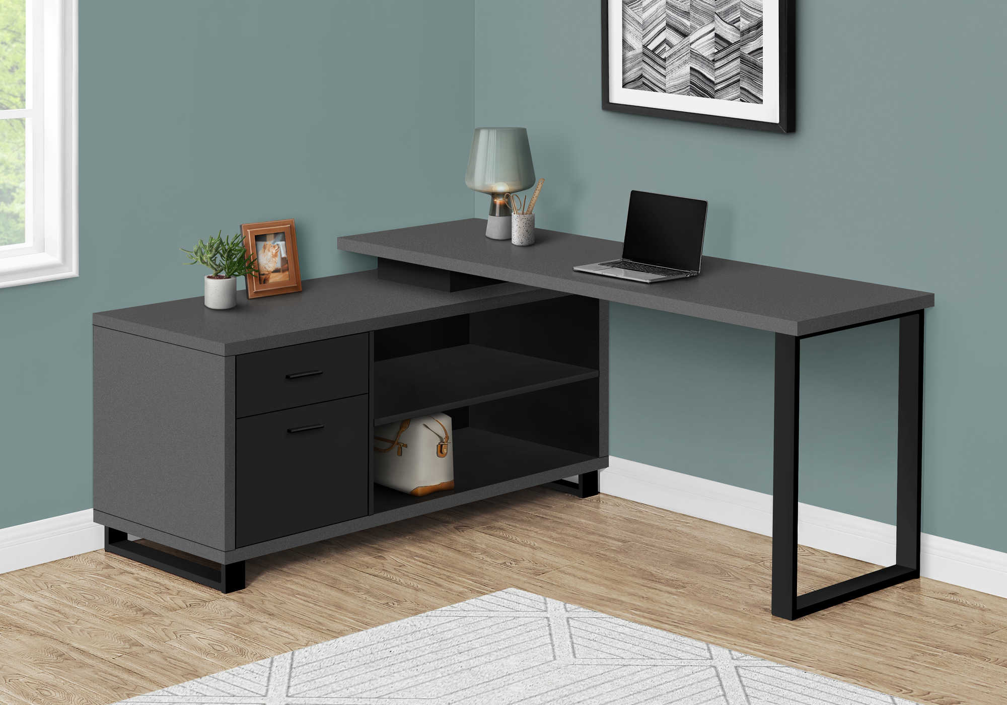 BUREAU D'ORDINATEUR - 72"L GRIS MODERNE / NOIR COIN EXÉCUTIF ( Meuble Mtl )