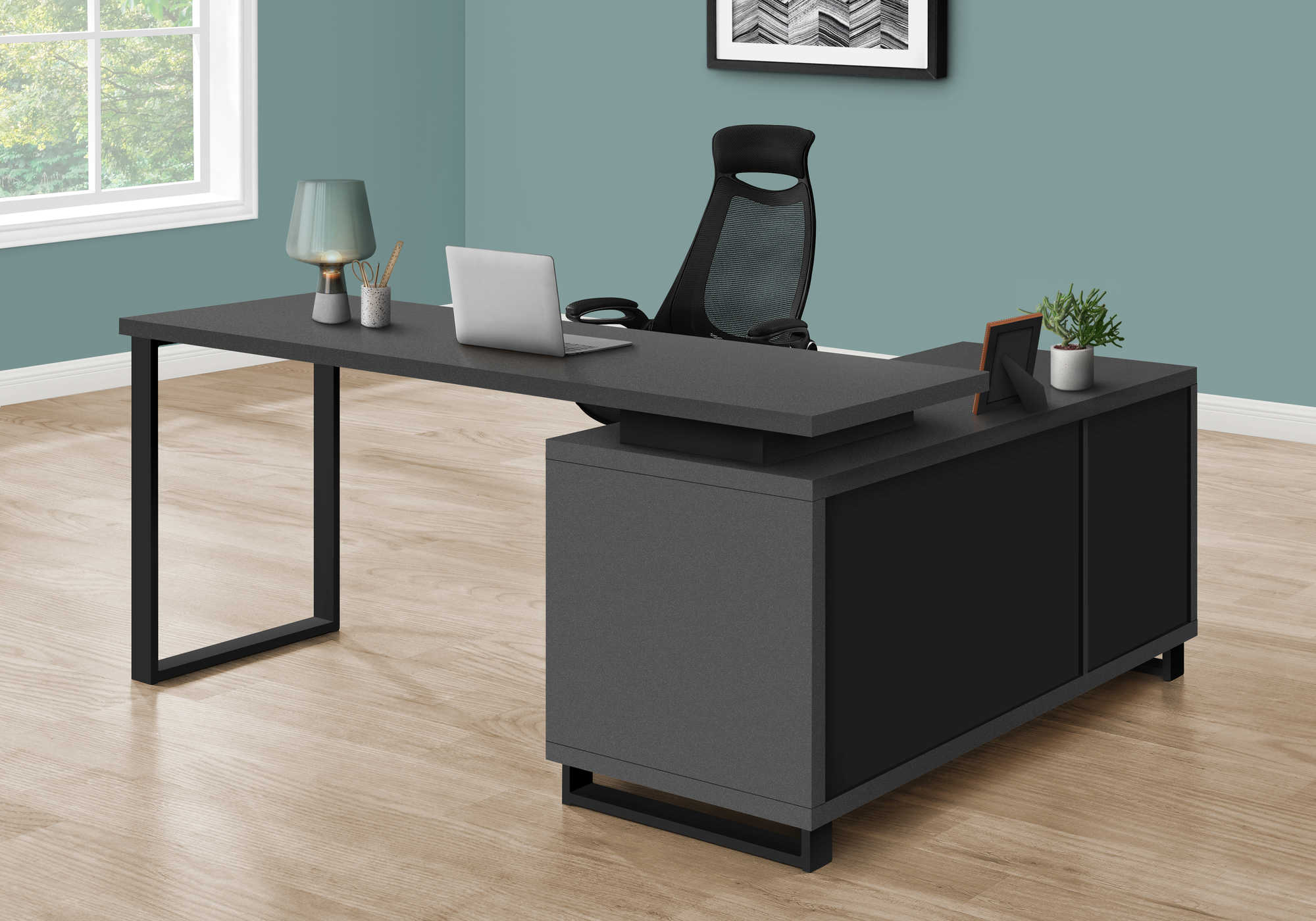 BUREAU D'ORDINATEUR - 72"L GRIS MODERNE / NOIR COIN EXÉCUTIF ( Meuble Mtl )