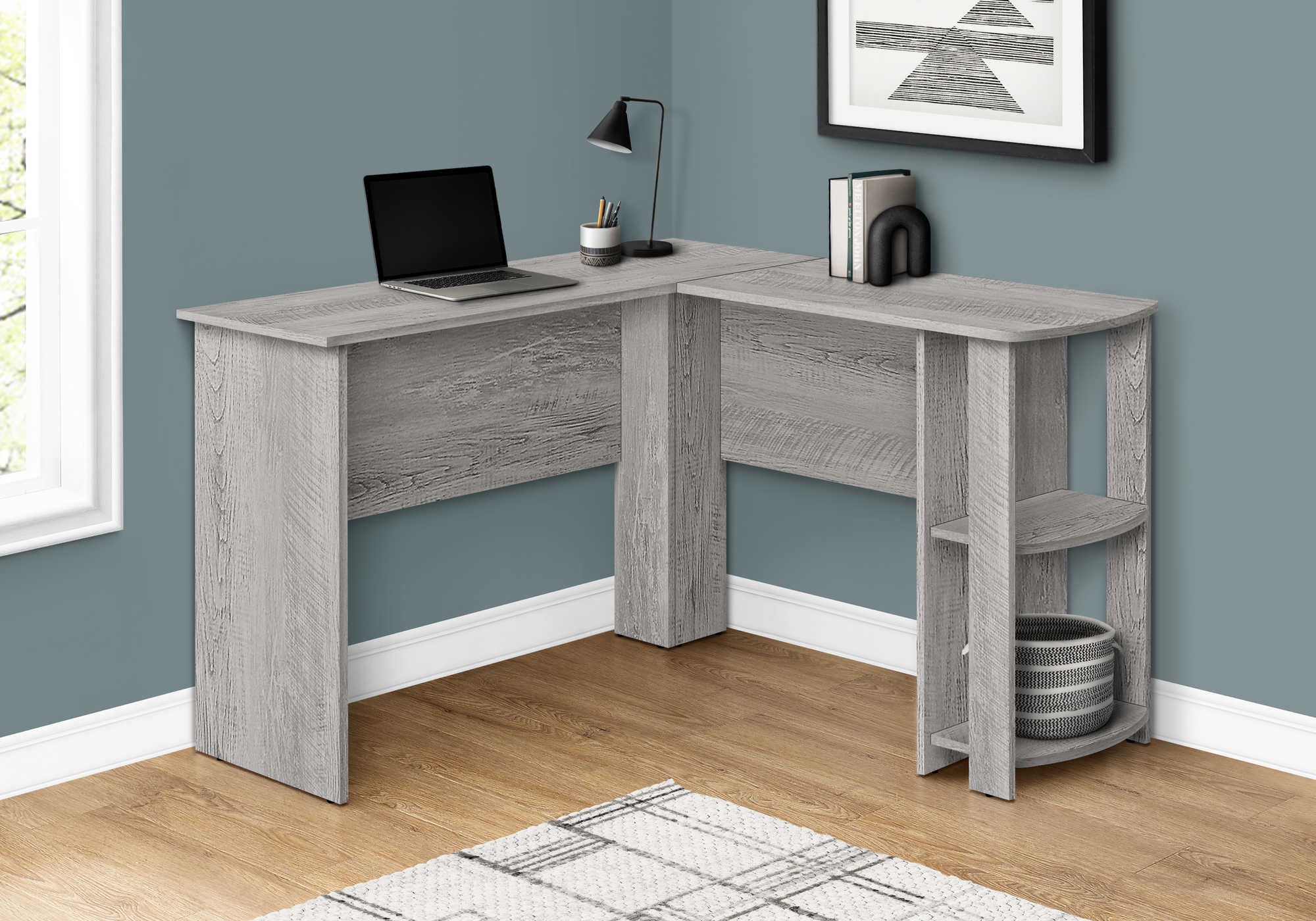 BUREAU ORDINATEUR - COIN EN L GRIS INDUSTRIEL/2 ÉTAGÈRES ( Meuble Mtl )