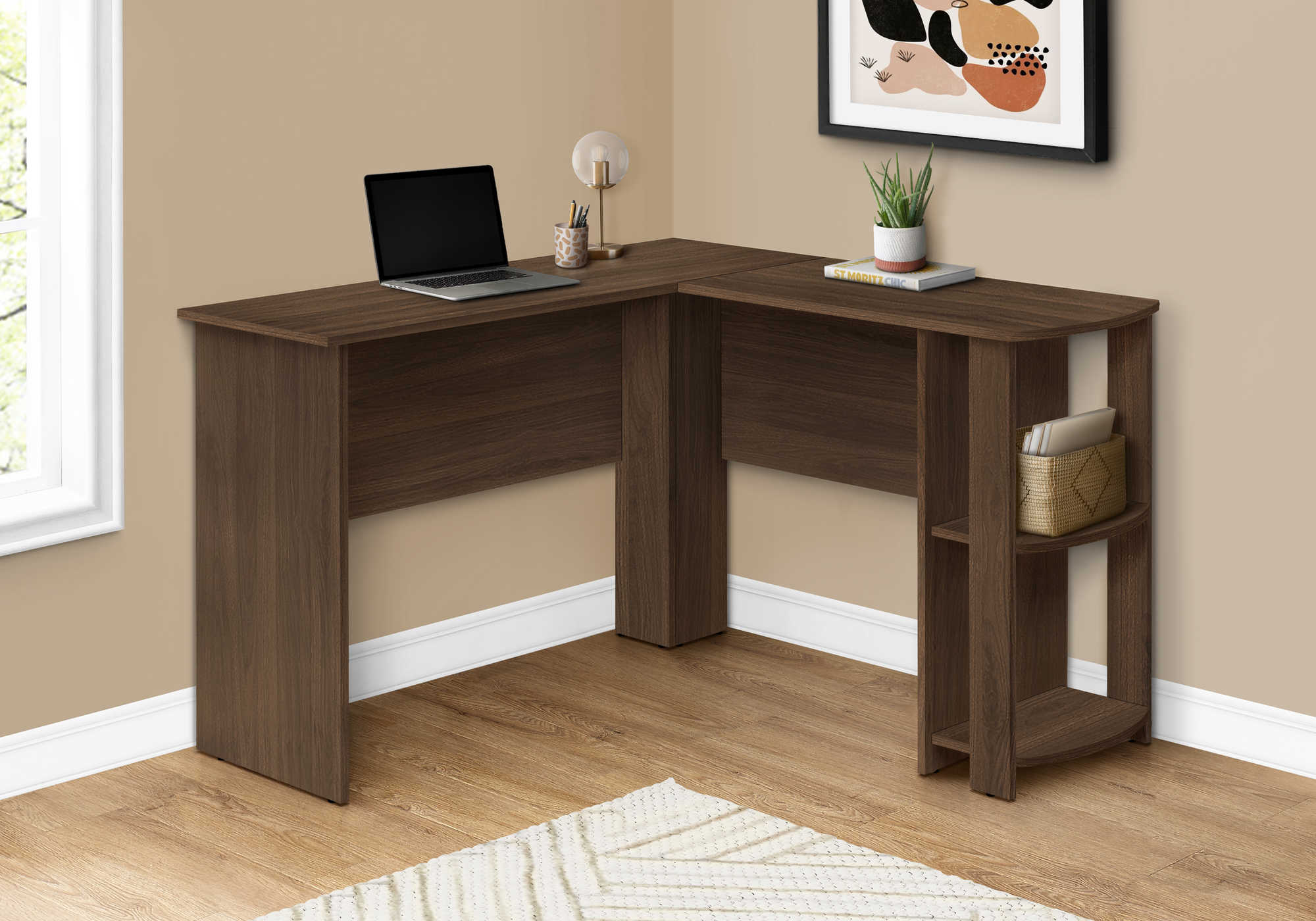 BUREAU D'ORDINATEUR - COIN EN L NOYER FONCÉ / 2 ÉTAGÈRES ( Meuble Mtl )