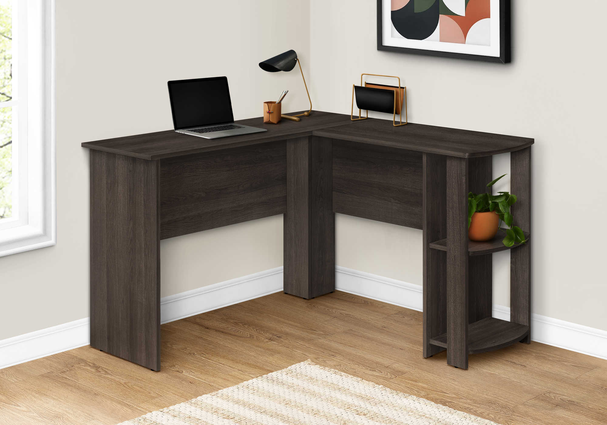 BUREAU ORDINATEUR - COIN EN L CHÊNE BRUN / 2 ÉTAGÈRES ( Meuble Mtl )