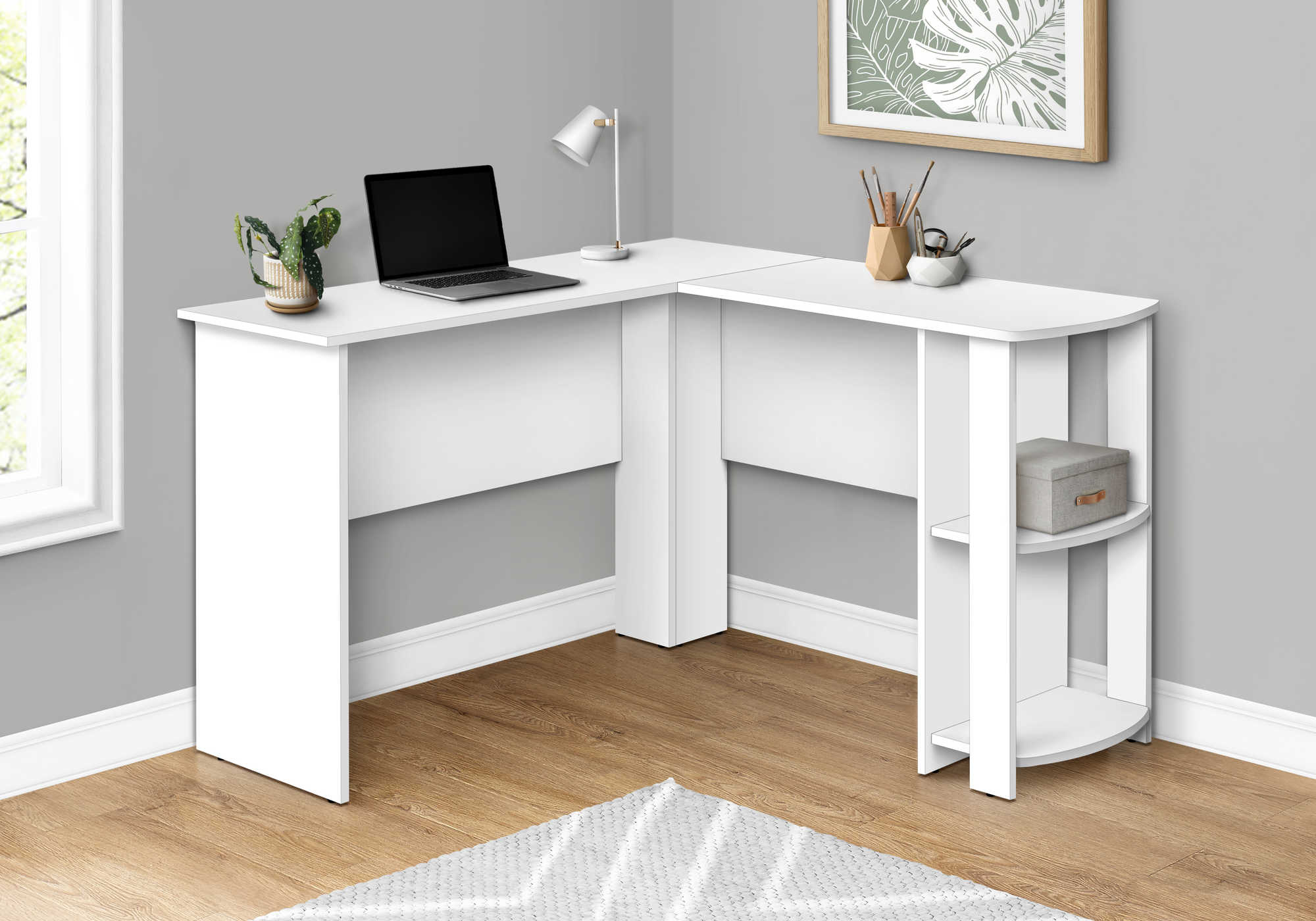 BUREAU ORDINATEUR - COIN EN L BLANC / 2 ÉTAGÈRES ( Meuble Mtl )