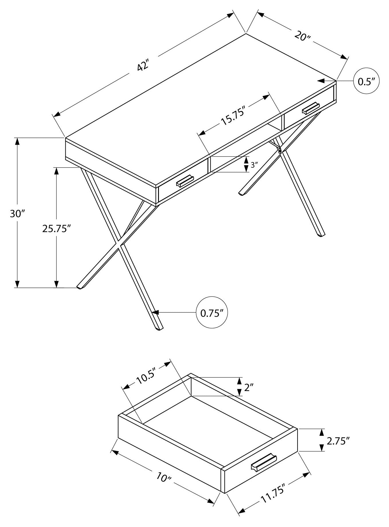 BUREAU D'ORDINATEUR - 42"L / BLANC / METAL NOIR ( Meuble Mtl )