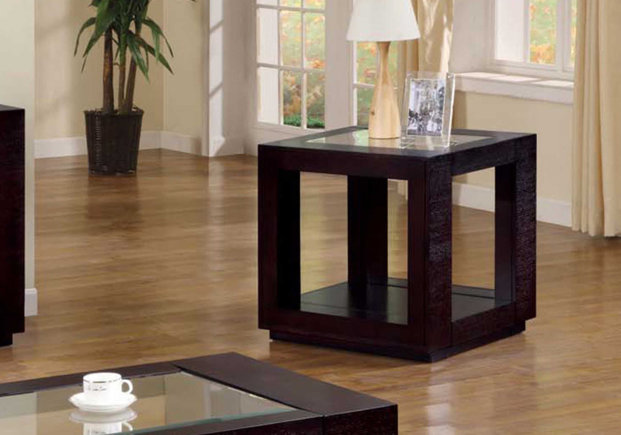 TABLE D'APPOINT - PLACAGE ESPRESSO AVEC INSERT EN VERRE ( Meuble Mtl ) 