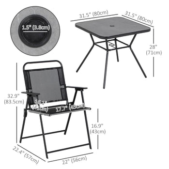 Ensemble de salle à manger d'extérieur 5 pièces avec 4 fauteuils pliables, ensembles de meubles de patio avec trou pour parasol et table de salle à manger en composite bois-plastique, siège en maille, noir