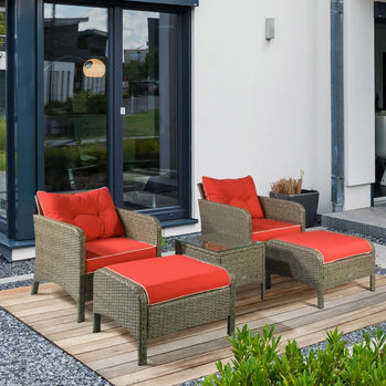 Ensemble de 5 meubles de patio en osier avec coussins rembourrés épais, ensemble de café de conversation en rotin PE avec fauteuils, repose-pieds et table en verre, rouge