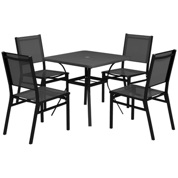 Ensemble de salle à manger d'extérieur 5 pièces avec trou pour parasol, table et chaises de patio avec dessus en acier, dossier de siège en maille respirante