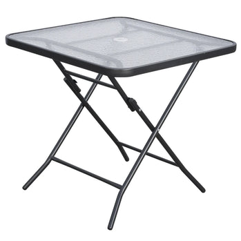 Table de salle à manger d'extérieur carrée de 76,2 cm, table de patio pliable avec trou pour parasol, table basse avec plateau en verre à grain d'eau pour balcon, bord de piscine, noire