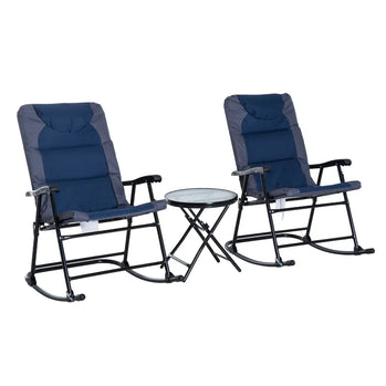 Ensemble de 3 chaises à bascule pliables pour patio, chaises à bascule d'extérieur et table bistro avec siège rembourré, appui-tête, dossier pour parc, cour, jardin, bleu