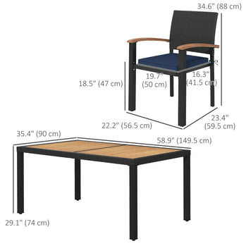 Ensemble de salle à manger d'extérieur, 7 pièces, Table et chaises de Patio en rotin PE peu encombrant avec dessus de Table en bois d'acacia, coussins doux, noir