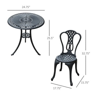 Ensemble bistro extérieur antique 3 pièces, table et chaises de patio en fonte d'aluminium avec trou pour parasol, noir