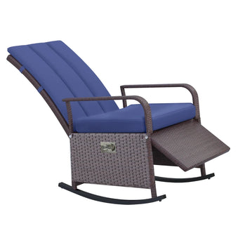 Chaise à bascule d'extérieur en osier avec coussin, chaise inclinable en rotin PE avec repose-pieds réglable, accoudoirs, bleu foncé