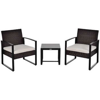 Ensemble de bistro en osier 3 pièces, mobilier d'extérieur en rotin, table basse, chaise de jardin avec coussins et cadre en acier, blanc crème