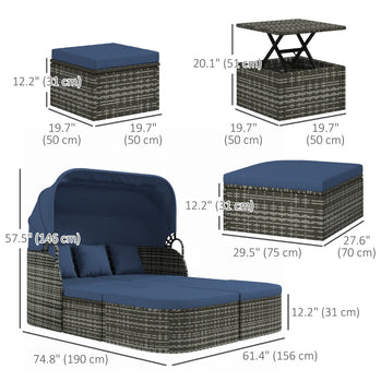 Ensemble de Patio 6 pièces, lit de repos d'extérieur en rotin PE avec auvent et Table basse relevable, ensembles de canapés de Conversation avec/repose-pieds