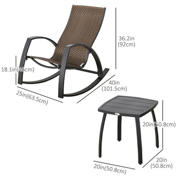 Ensemble de 3 chaises à bascule pour patio en osier, ensemble de bistro à bascule en rotin PE avec cadre en aluminium et table basse avec plateau en verre pour jardin, porche, bord de piscine, marron