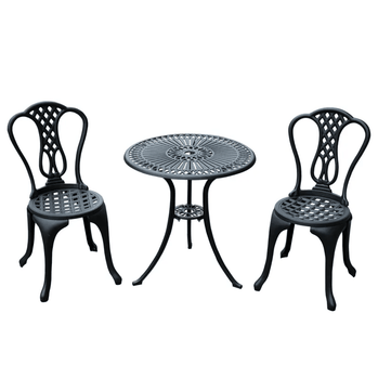 Ensemble bistro extérieur antique 3 pièces, table et chaises de patio en fonte d'aluminium avec trou pour parasol, noir