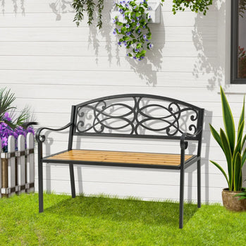 Banc de jardin pour extérieur, banc de terrasse pour 2 personnes avec cadre en acier et bois, accent floral rose, meuble causeuse pour pelouse, terrasse, cour, porche et entrée, naturel