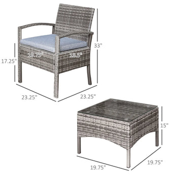 Ensemble de café en osier et rotin, 3 pièces, chaises et Table de jardin, mobilier d'extérieur, toutes saisons, avec coussin gris