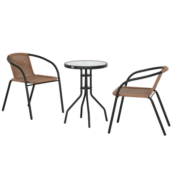 Ensemble de meubles d'extérieur en osier 3 pièces avec 2 chaises empilables, Table basse en verre trempé pour jardin, arrière-cour, marron