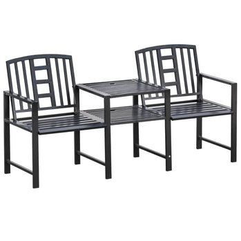 Banc de jardin en acier avec table centrale, trou pour parasol, siège double pour extérieur, patio, cadre résistant aux intempéries, noir