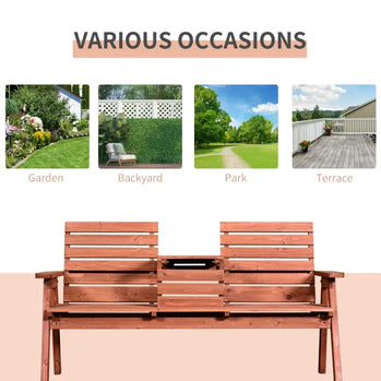 Banc d'extérieur 3 places avec table centrale convertible, causeuse de jardin en bois avec table centrale pour 2 personnes avec siège et dossier à lattes, accoudoirs, orange