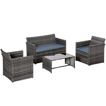 Ensemble de meubles de patio de 4 pièces avec coussins, PE Outdoor PE Rouleau Conversation de conversation Sofa Garden avec chaises à 2 places et table basse en verre, gris