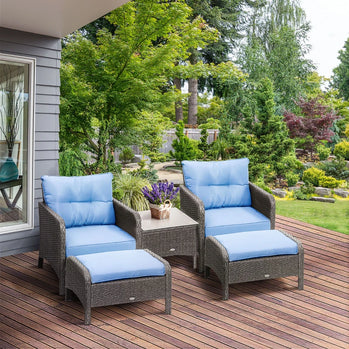 Ensemble de café de patio en rotin 5 pièces, ensemble de bistro de jardin en osier avec pouf, canapé de cour, ensemble de conversation, fauteuils, table à thé et repose-pieds avec coussins, meubles de terrasse tous temps, bleu