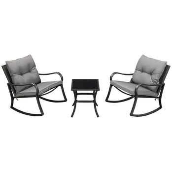 Ensemble de 3 chaises à bascule en osier pour patio, meubles d'extérieur en rotin PE avec 2 bascules et 1 table basse avec coussins rembourrés pour terrasse, cour, jardin, gris foncé