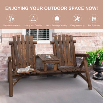 Banc de chaise de patio Adirondack en bois avec table basse centrale, pour se prélasser et se détendre à l'extérieur carbonisé