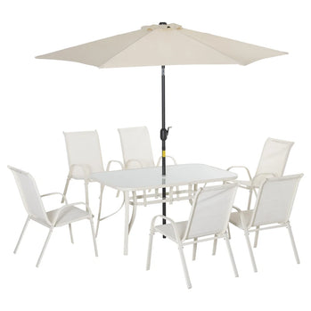 Ensemble de salle à manger de patio 8 pièces avec parasol, 6 chaises et table, blanc crème